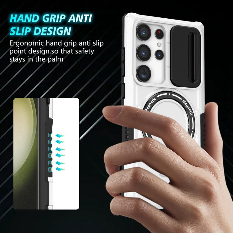 For Samsung Galaxy S23 Ultra 5G Sliding Camshield Magsafe Holder TPU Hybrid PC Phone Case(Black White)