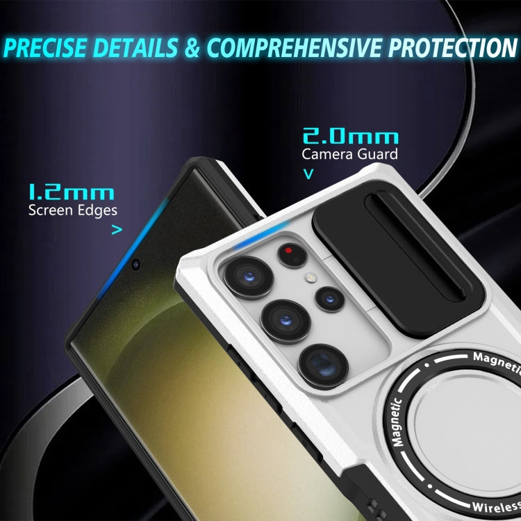 For Samsung Galaxy S23 Ultra 5G Sliding Camshield Magsafe Holder TPU Hybrid PC Phone Case(Black White)