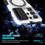 For Samsung Galaxy S23 Ultra 5G Sliding Camshield Magsafe Holder TPU Hybrid PC Phone Case(Black White)