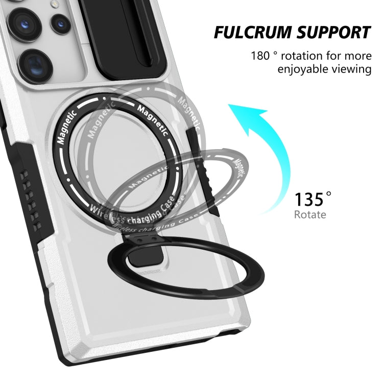 For Samsung Galaxy S23 Ultra 5G Sliding Camshield Magsafe Holder TPU Hybrid PC Phone Case(Black White)