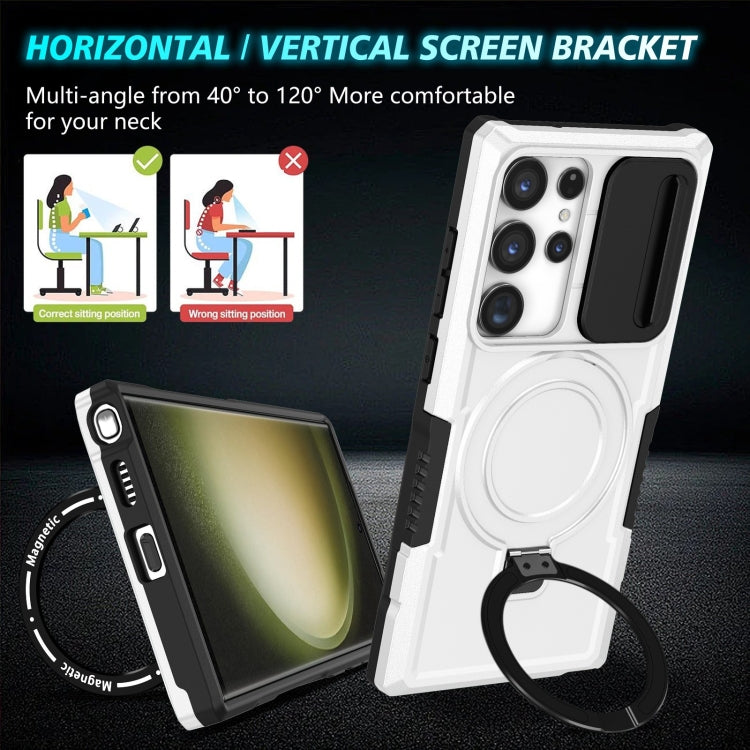 For Samsung Galaxy S23 Ultra 5G Sliding Camshield Magsafe Holder TPU Hybrid PC Phone Case(Black White)