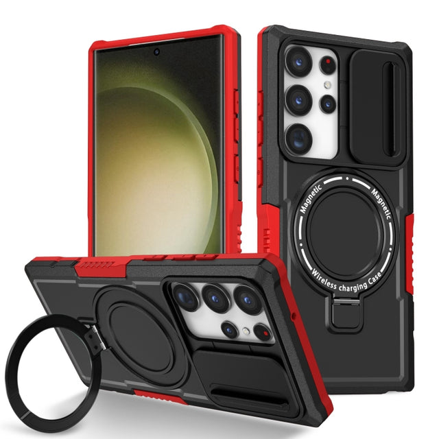 For Samsung Galaxy S23 Ultra 5G Sliding Camshield Magsafe Holder TPU Hybrid PC Phone Case(Black Red)