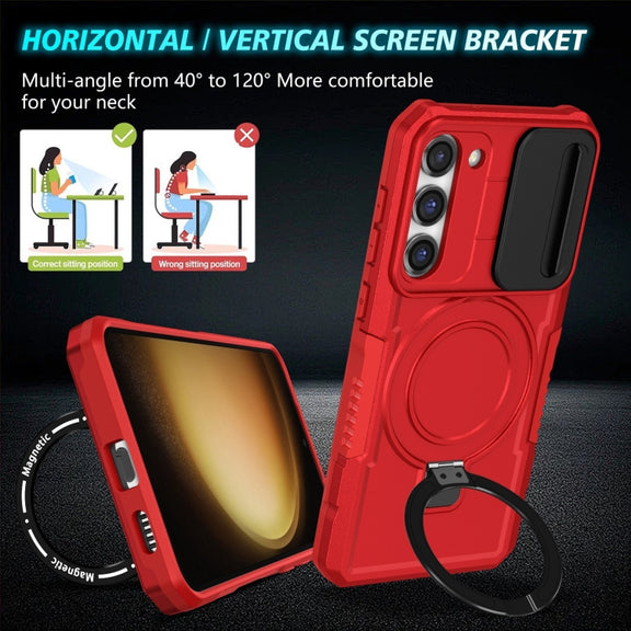 For Samsung Galaxy S23+ 5G Sliding Camshield Magsafe Holder TPU Hybrid PC Phone Case(Red)