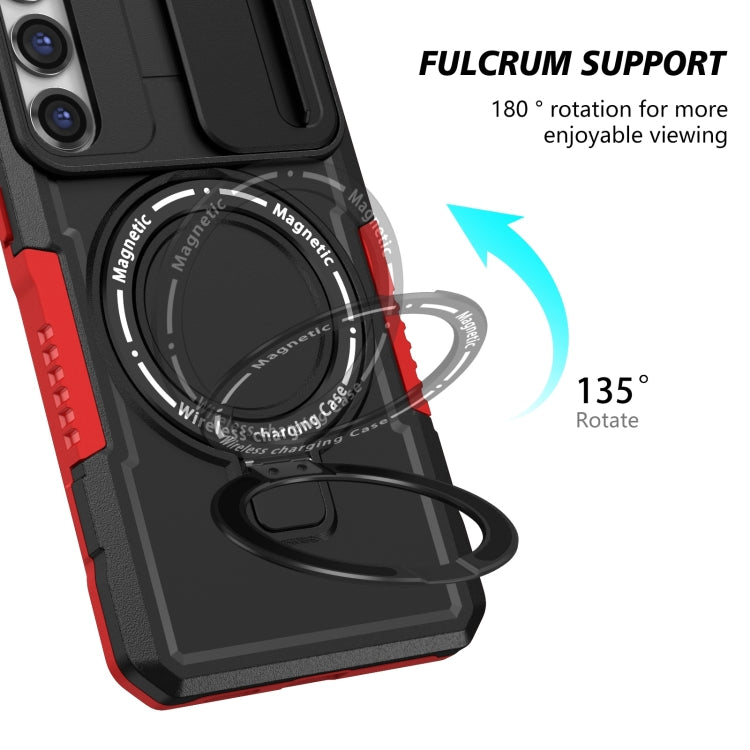 For Samsung Galaxy S23 5G Sliding Camshield Magsafe Holder TPU Hybrid PC Phone Case(Black Red)