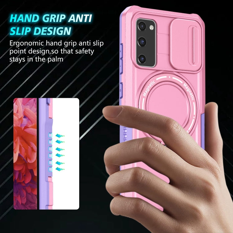 For Samsung Galaxy S20 FE Sliding Camshield Magsafe Holder TPU Hybrid PC Phone Case(Purple Pink)