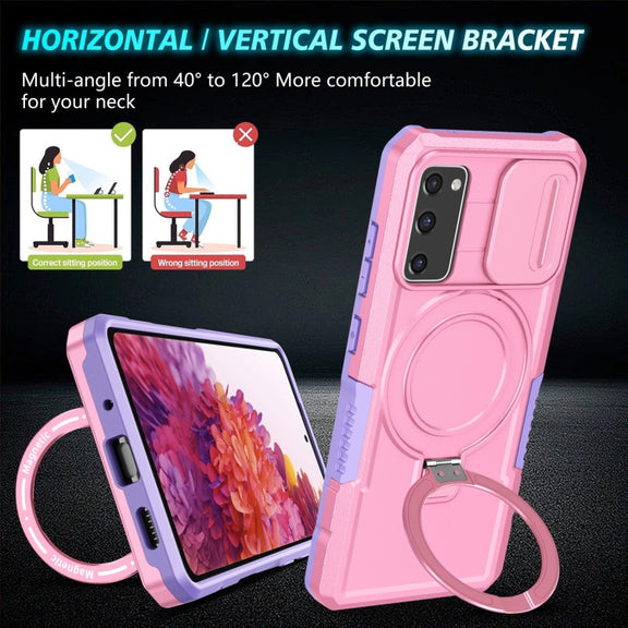 For Samsung Galaxy S20 FE Sliding Camshield Magsafe Holder TPU Hybrid PC Phone Case(Purple Pink)
