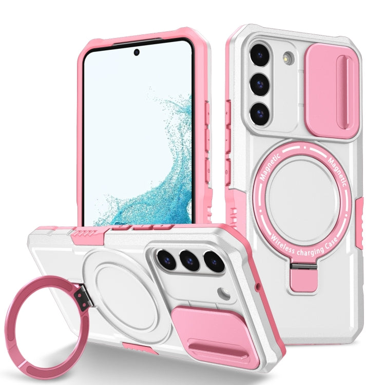 For Samsung Galaxy S22 5G Sliding Camshield Magsafe Holder TPU Hybrid PC Phone Case(Pink White)