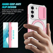 For Samsung Galaxy S22 5G Sliding Camshield Magsafe Holder TPU Hybrid PC Phone Case(Pink White)