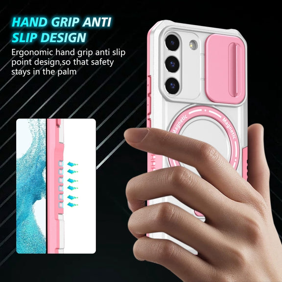 For Samsung Galaxy S22 5G Sliding Camshield Magsafe Holder TPU Hybrid PC Phone Case(Pink White)