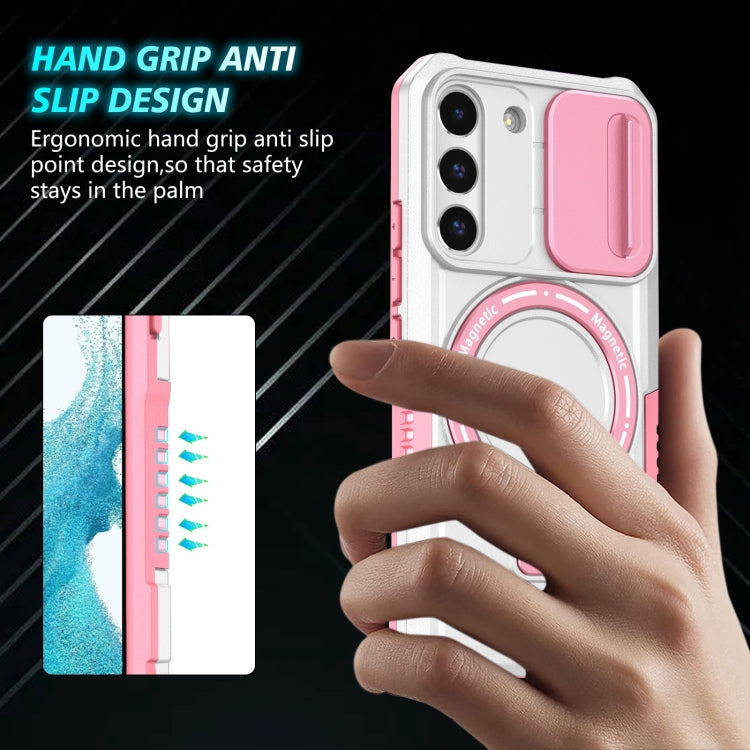 For Samsung Galaxy S22 5G Sliding Camshield Magsafe Holder TPU Hybrid PC Phone Case(Pink White)