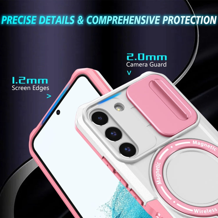 For Samsung Galaxy S22 5G Sliding Camshield Magsafe Holder TPU Hybrid PC Phone Case(Pink White)