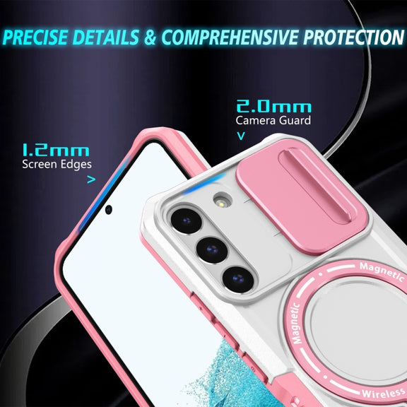 For Samsung Galaxy S22 5G Sliding Camshield Magsafe Holder TPU Hybrid PC Phone Case(Pink White)