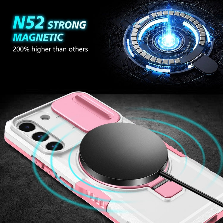For Samsung Galaxy S22 5G Sliding Camshield Magsafe Holder TPU Hybrid PC Phone Case(Pink White)