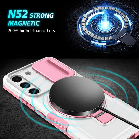 For Samsung Galaxy S22 5G Sliding Camshield Magsafe Holder TPU Hybrid PC Phone Case(Pink White)