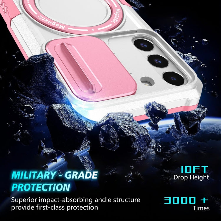For Samsung Galaxy S22 5G Sliding Camshield Magsafe Holder TPU Hybrid PC Phone Case(Pink White)