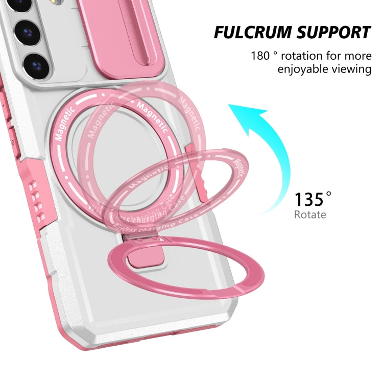 For Samsung Galaxy S22 5G Sliding Camshield Magsafe Holder TPU Hybrid PC Phone Case(Pink White)