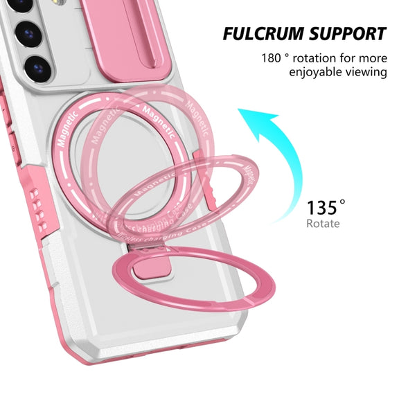 For Samsung Galaxy S22 5G Sliding Camshield Magsafe Holder TPU Hybrid PC Phone Case(Pink White)