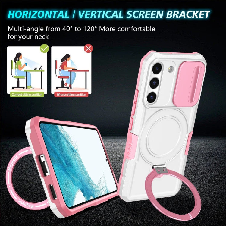 For Samsung Galaxy S22 5G Sliding Camshield Magsafe Holder TPU Hybrid PC Phone Case(Pink White)