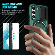 For Samsung Galaxy S22 5G Sliding Camshield Magsafe Holder TPU Hybrid PC Phone Case(Deep Green)