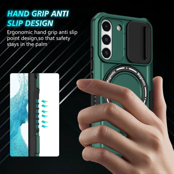 For Samsung Galaxy S22 5G Sliding Camshield Magsafe Holder TPU Hybrid PC Phone Case(Deep Green)