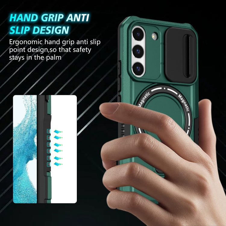 For Samsung Galaxy S22 5G Sliding Camshield Magsafe Holder TPU Hybrid PC Phone Case(Deep Green)