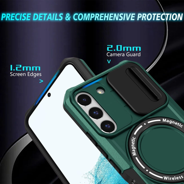 For Samsung Galaxy S22 5G Sliding Camshield Magsafe Holder TPU Hybrid PC Phone Case(Deep Green)