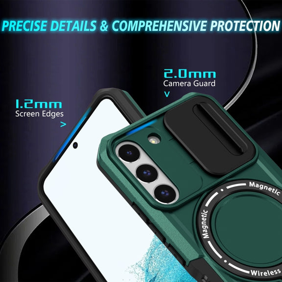For Samsung Galaxy S22 5G Sliding Camshield Magsafe Holder TPU Hybrid PC Phone Case(Deep Green)