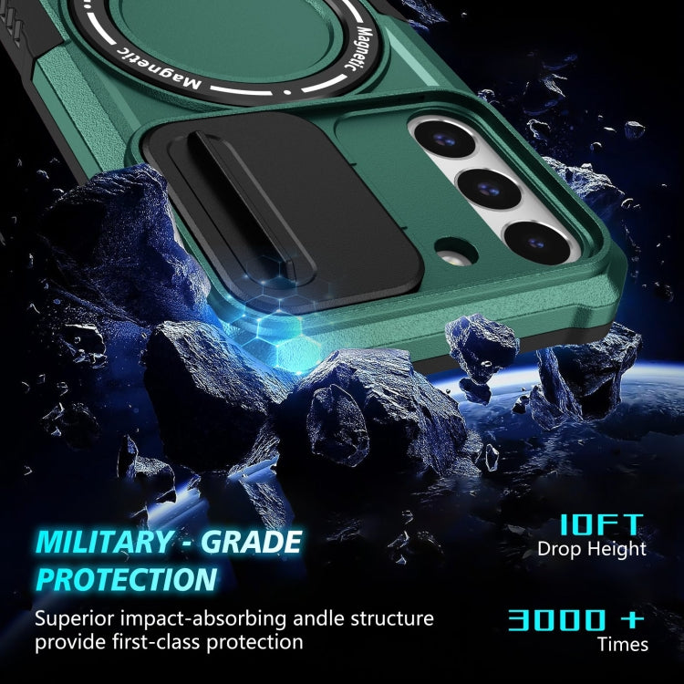 For Samsung Galaxy S22 5G Sliding Camshield Magsafe Holder TPU Hybrid PC Phone Case(Deep Green)