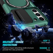 For Samsung Galaxy S22 5G Sliding Camshield Magsafe Holder TPU Hybrid PC Phone Case(Deep Green)