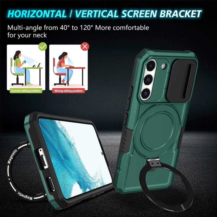 For Samsung Galaxy S22 5G Sliding Camshield Magsafe Holder TPU Hybrid PC Phone Case(Deep Green)