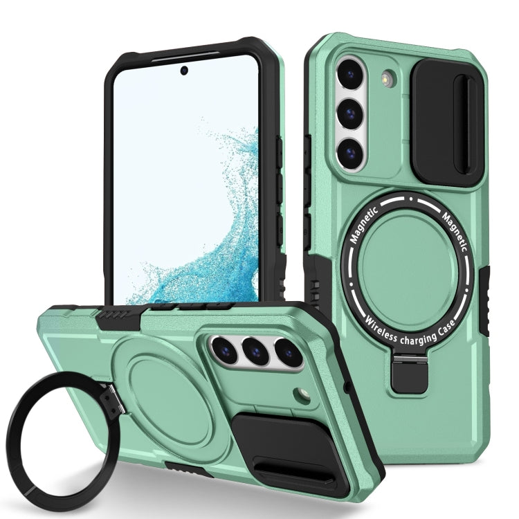 For Samsung Galaxy S22 5G Sliding Camshield Magsafe Holder TPU Hybrid PC Phone Case(Light Blue)