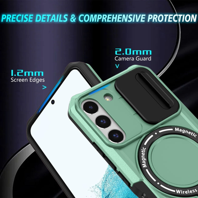 For Samsung Galaxy S22 5G Sliding Camshield Magsafe Holder TPU Hybrid PC Phone Case(Light Blue)