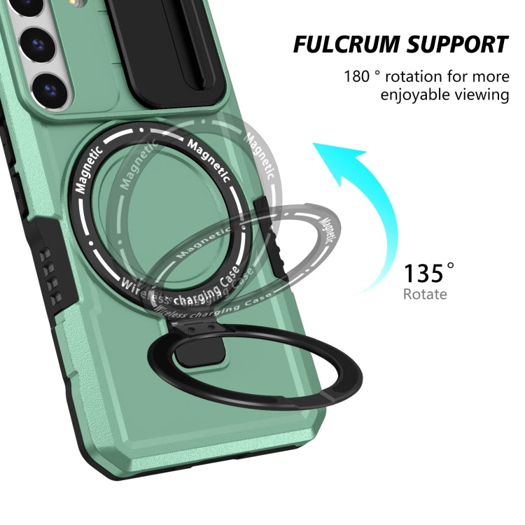 For Samsung Galaxy S22 5G Sliding Camshield Magsafe Holder TPU Hybrid PC Phone Case(Light Blue)