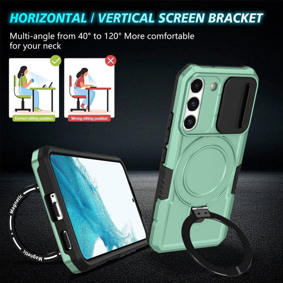 For Samsung Galaxy S22 5G Sliding Camshield Magsafe Holder TPU Hybrid PC Phone Case(Light Blue)
