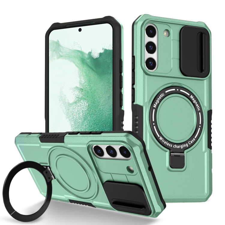 For Samsung Galaxy S22+ 5G Sliding Camshield Magsafe Holder TPU Hybrid PC Phone Case(Light Blue)