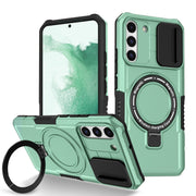 For Samsung Galaxy S22+ 5G Sliding Camshield Magsafe Holder TPU Hybrid PC Phone Case(Light Blue)