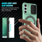 For Samsung Galaxy S22+ 5G Sliding Camshield Magsafe Holder TPU Hybrid PC Phone Case(Light Blue)