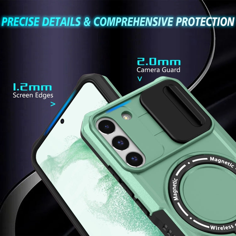 For Samsung Galaxy S22+ 5G Sliding Camshield Magsafe Holder TPU Hybrid PC Phone Case(Light Blue)