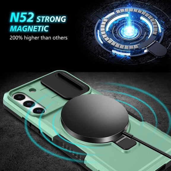For Samsung Galaxy S22+ 5G Sliding Camshield Magsafe Holder TPU Hybrid PC Phone Case(Light Blue)