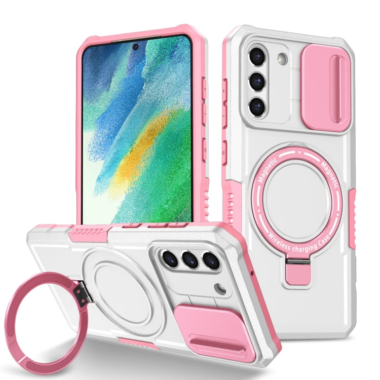 For Samsung Galaxy S21 FE 5G Sliding Camshield Magsafe Holder TPU Hybrid PC Phone Case(Pink White)