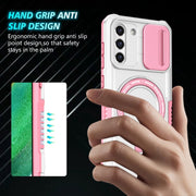 For Samsung Galaxy S21 FE 5G Sliding Camshield Magsafe Holder TPU Hybrid PC Phone Case(Pink White)