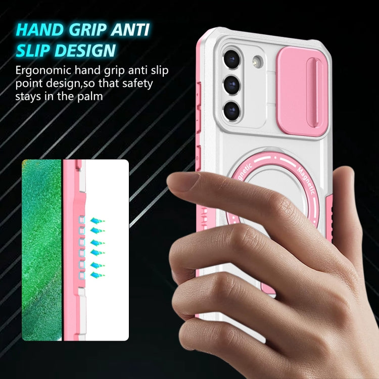 For Samsung Galaxy S21 FE 5G Sliding Camshield Magsafe Holder TPU Hybrid PC Phone Case(Pink White)