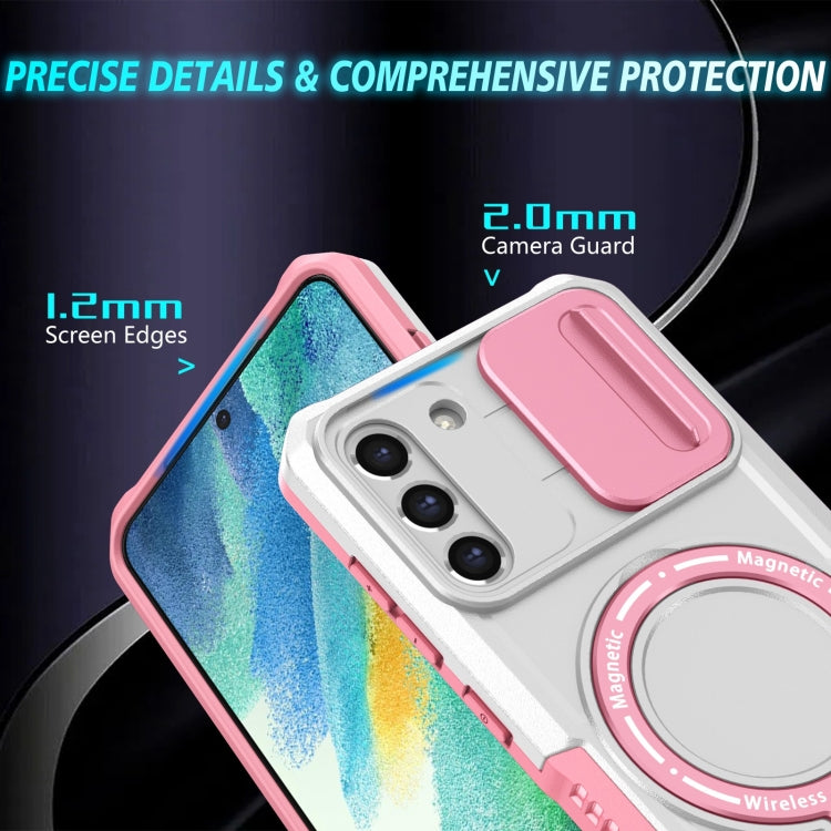For Samsung Galaxy S21 FE 5G Sliding Camshield Magsafe Holder TPU Hybrid PC Phone Case(Pink White)