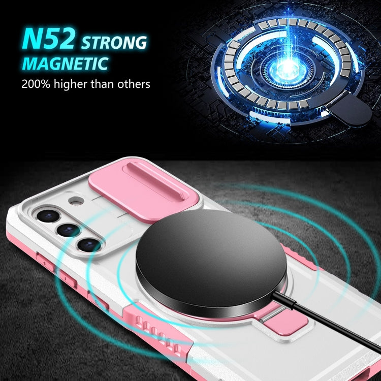 For Samsung Galaxy S21 FE 5G Sliding Camshield Magsafe Holder TPU Hybrid PC Phone Case(Pink White)