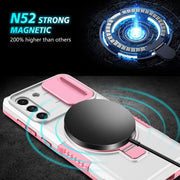 For Samsung Galaxy S21 FE 5G Sliding Camshield Magsafe Holder TPU Hybrid PC Phone Case(Pink White)