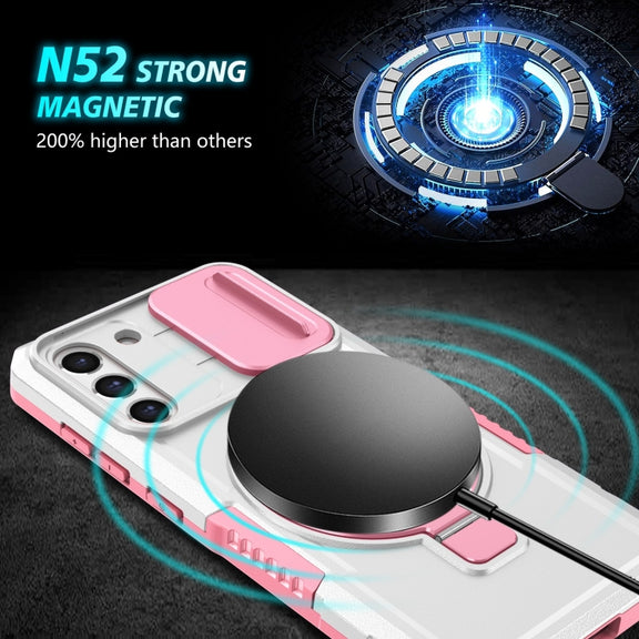 For Samsung Galaxy S21 FE 5G Sliding Camshield Magsafe Holder TPU Hybrid PC Phone Case(Pink White)