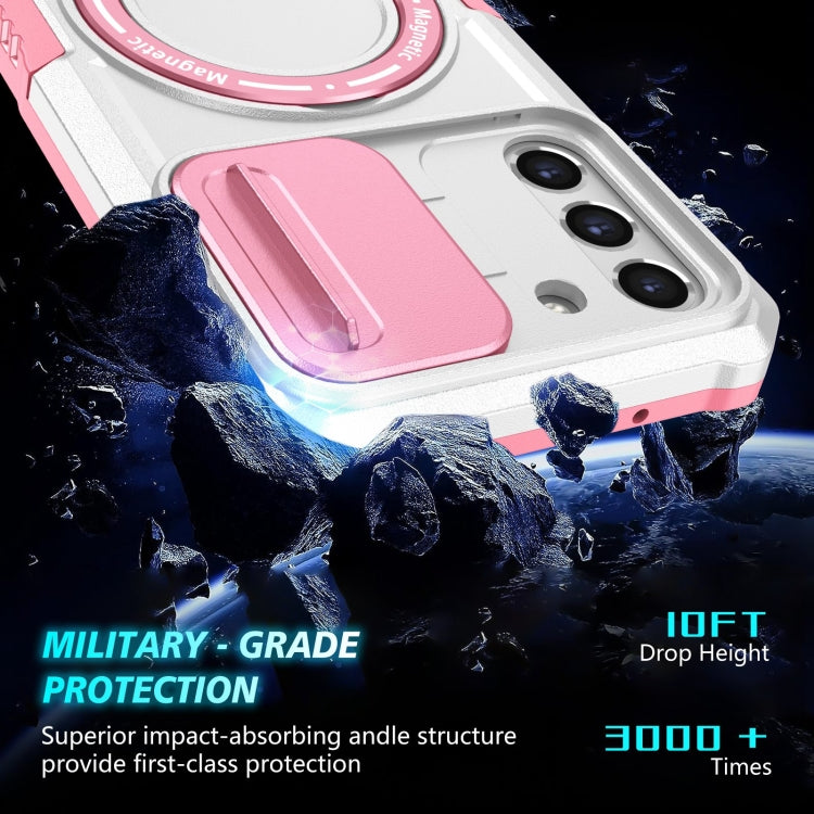 For Samsung Galaxy S21 FE 5G Sliding Camshield Magsafe Holder TPU Hybrid PC Phone Case(Pink White)