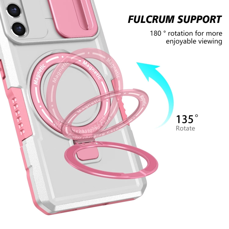For Samsung Galaxy S21 FE 5G Sliding Camshield Magsafe Holder TPU Hybrid PC Phone Case(Pink White)