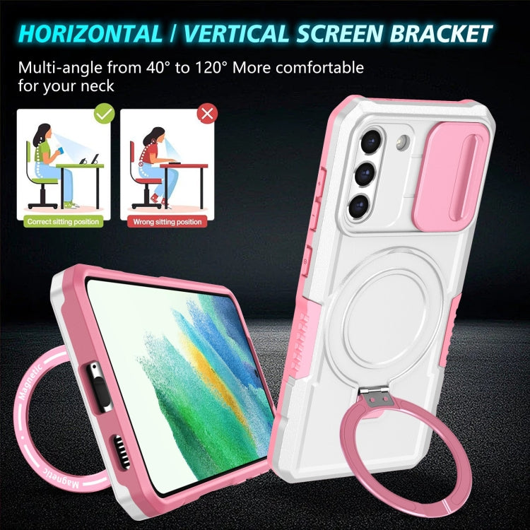 For Samsung Galaxy S21 FE 5G Sliding Camshield Magsafe Holder TPU Hybrid PC Phone Case(Pink White)