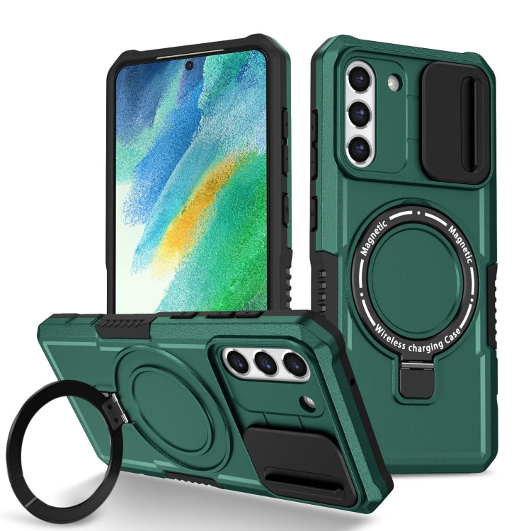 For Samsung Galaxy S21 FE 5G Sliding Camshield Magsafe Holder TPU Hybrid PC Phone Case(Deep Green)